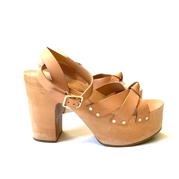Loeffler Randall Abbie Knot Clog Sandals Womens 9 Tan Leather Platform Studded - Picture 3 of 14